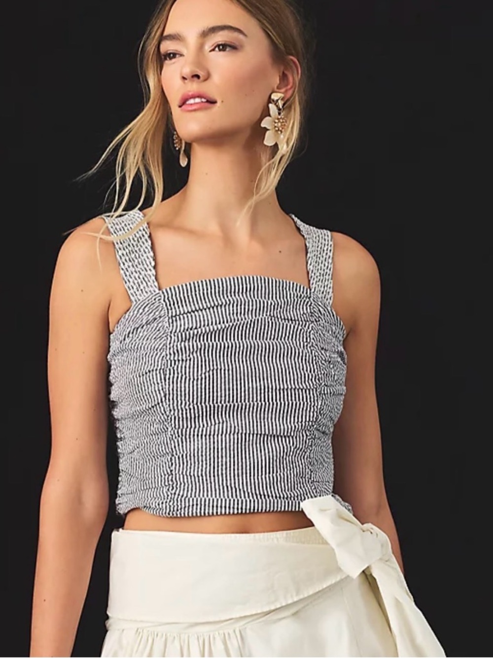 PILCRO Anthropologie NWT Ruched Tank Smocking Side Zip Blue Stripe | Sz M